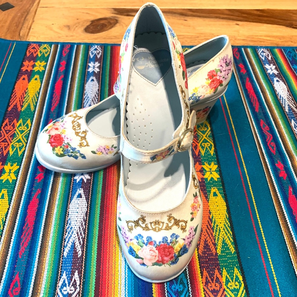 Hot Chocolate Design Floral Baroque Mary Jane Block Heels Cream Womens 37